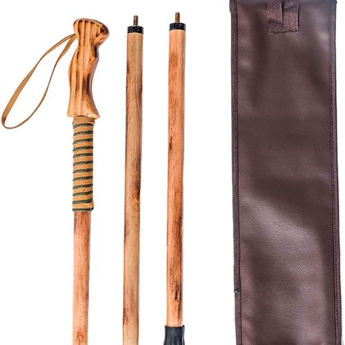 Detachable walking staff with pine handle, compass top, paracord wrap, rubber tip, faux leather pouch