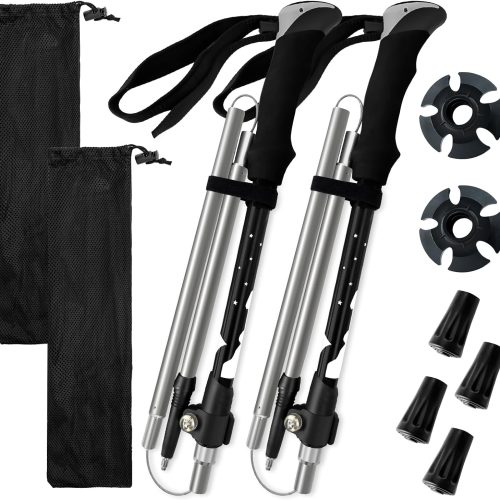 Collapsible aluminum trekking poles pack, foldable lightweight sticks, quick-lock, EVA handle, all-terrain baskets