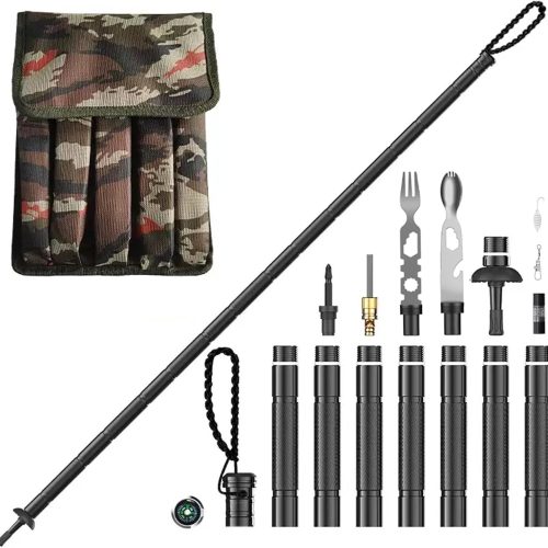 Section tactical survival aluminum trekking pole, multifunctional walking stick with emergency tools