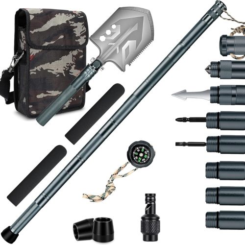 Heavy-duty survival hiking staff with detachable camp shovel, multitool head